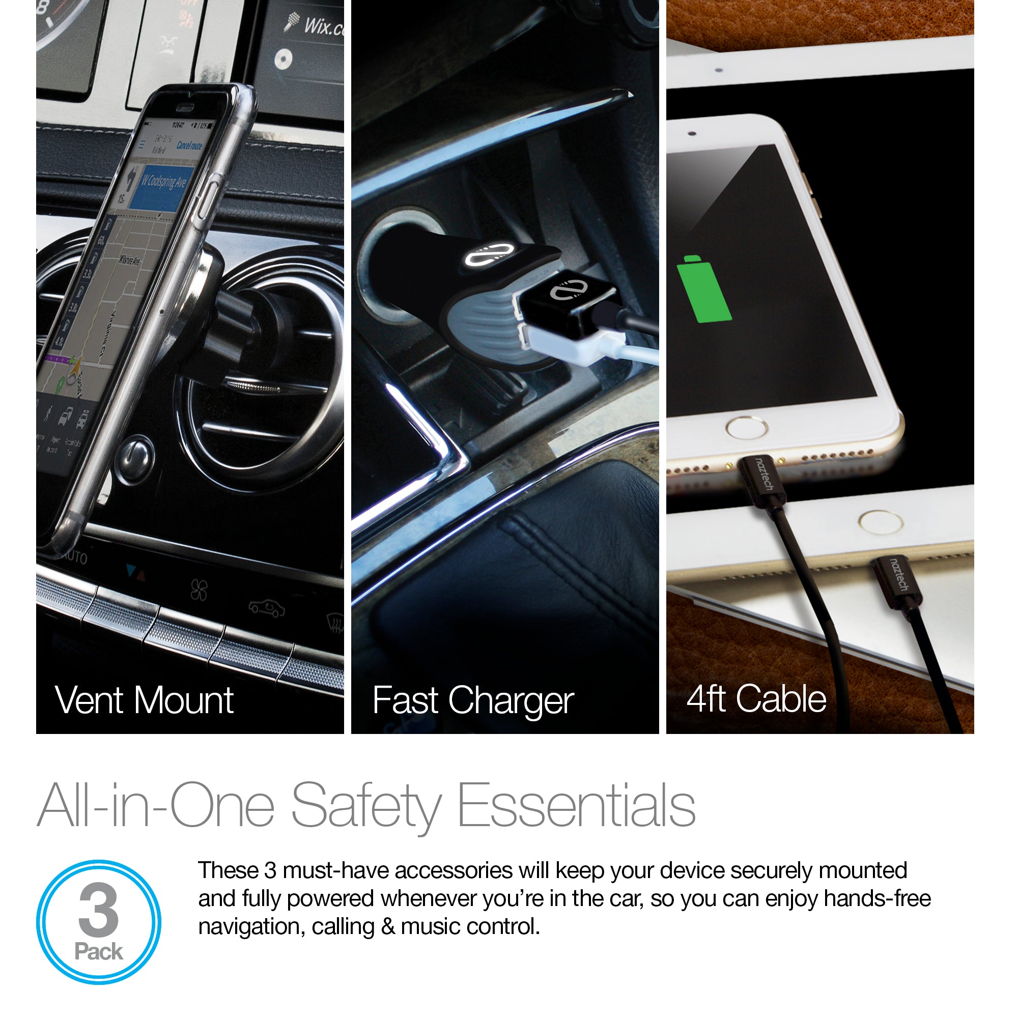 MFi Lightning® iPhone Safety Essentials Car Kit | Vent Mount + Charger + Cable | Black
