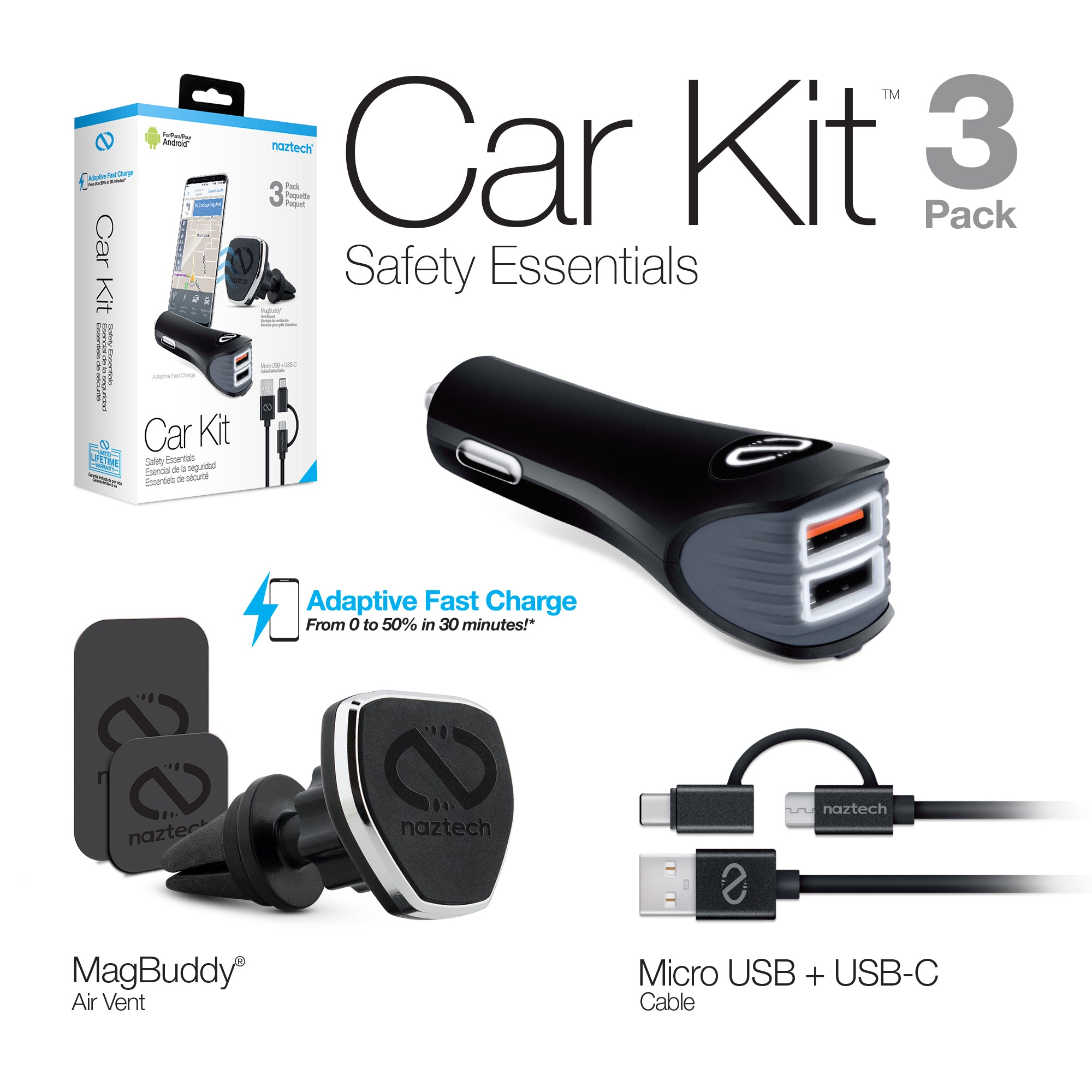 Android 3 Pack Safety Essentials Car Kit | Vent Mount + Charger + Cable | Black