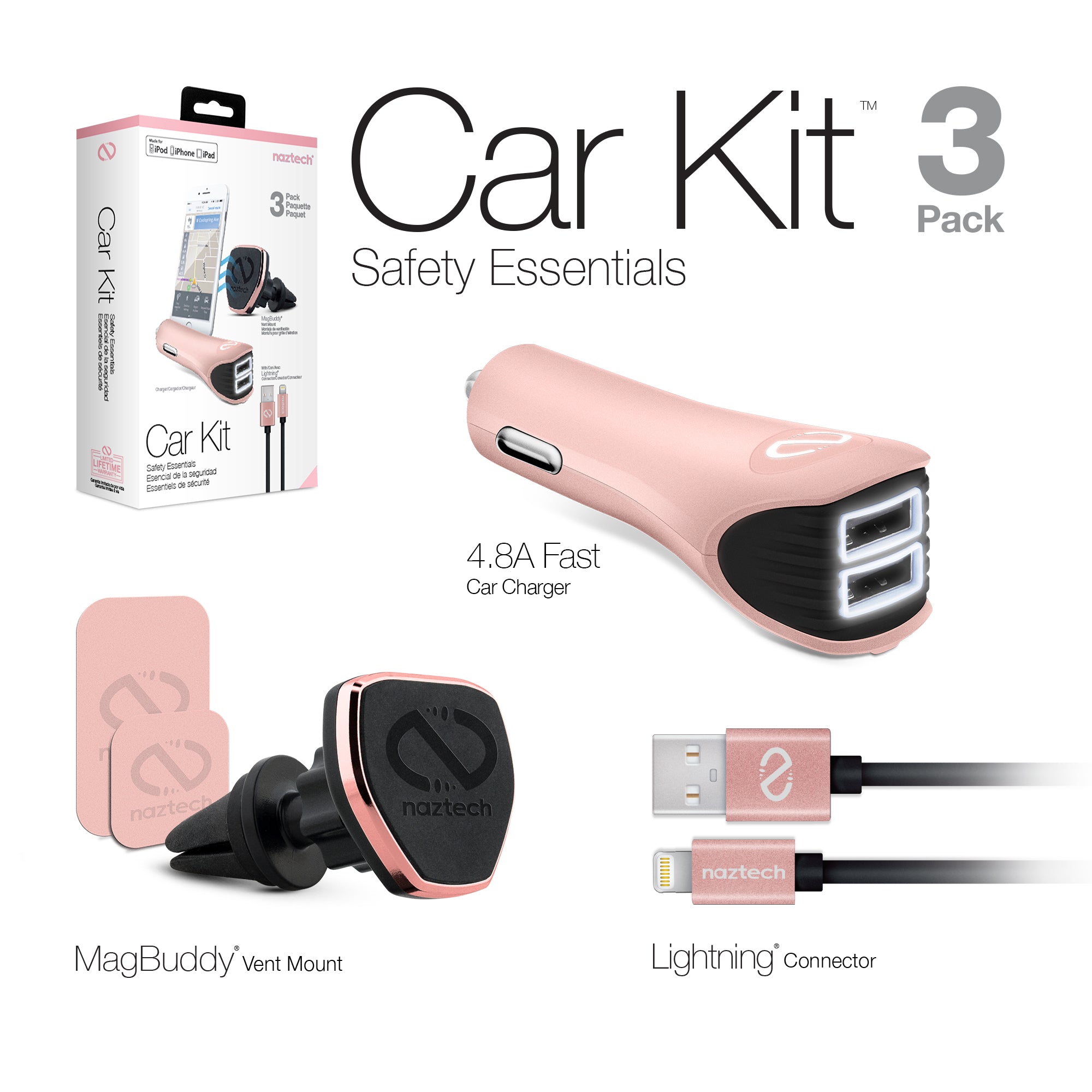 MFi Lightning® iPhone Safety Essentials Car Kit | Vent Mount + Charger + Cable | Rose Gold