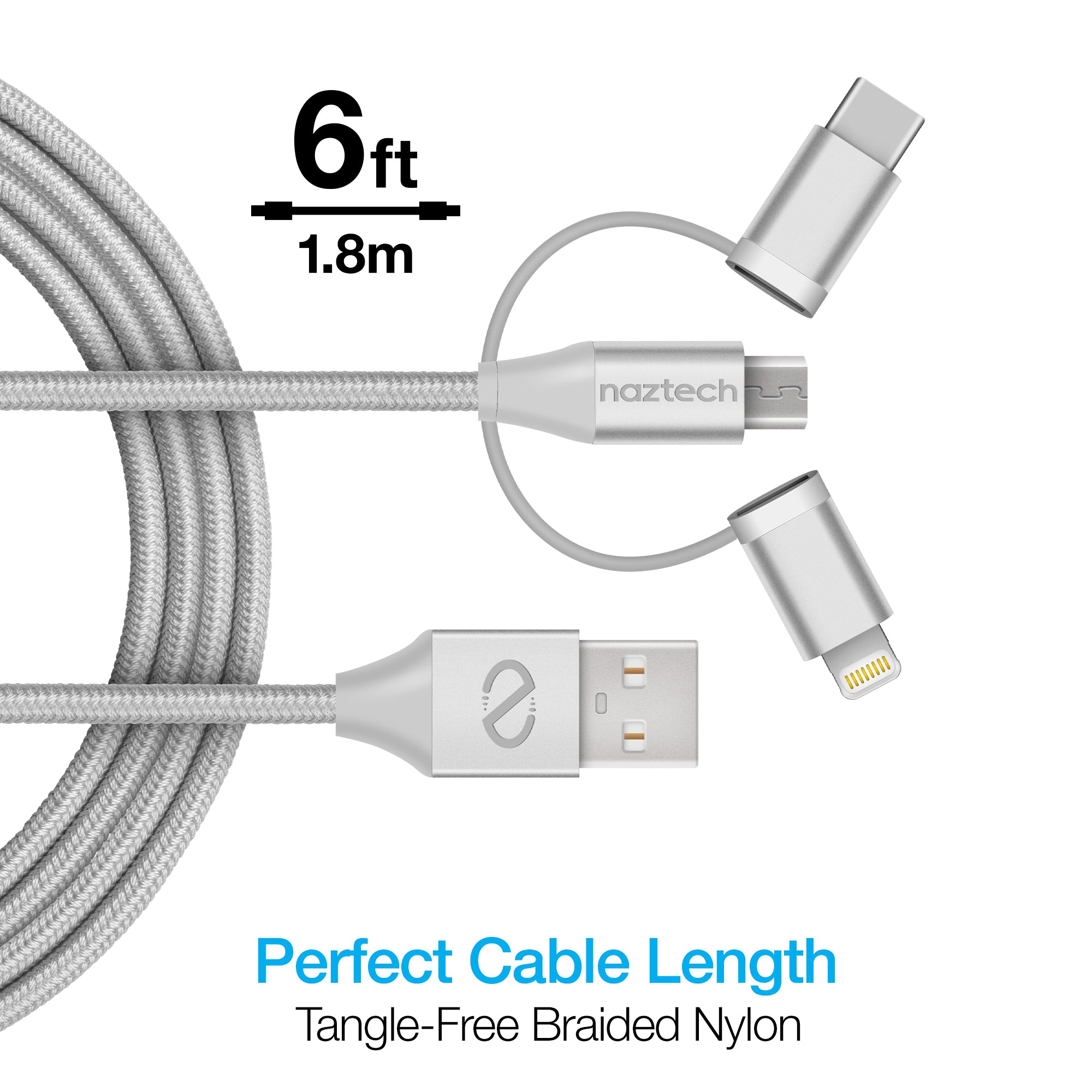 Hybrid 3-in-1 USB to Micro USB + USB-C + MFi Lightning Braided Cable | 6ft | Gray