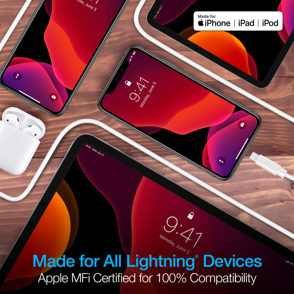 USB to Lightning Cable 12ft WHITE Naztech