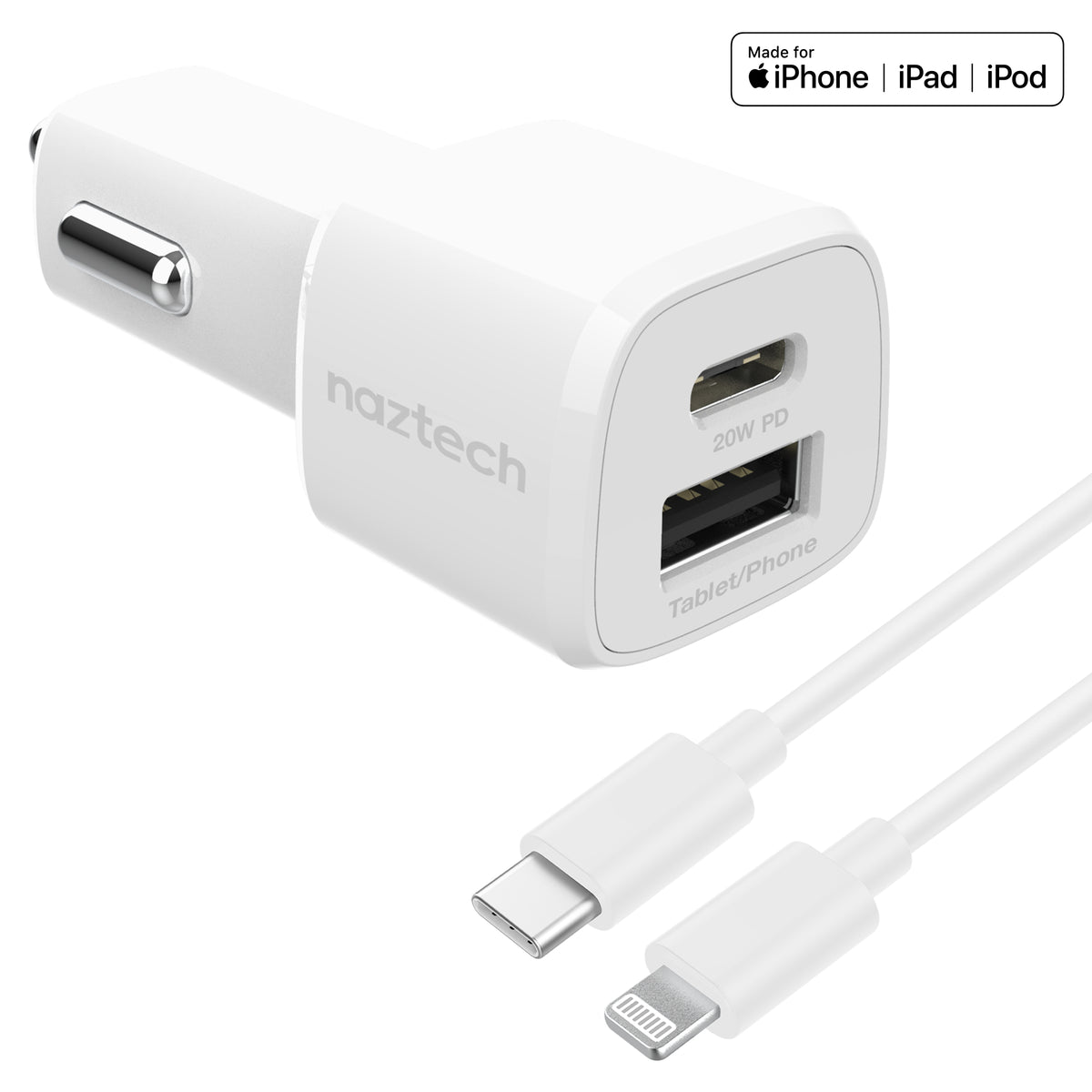 Dual Car Charger USB-C PD 20W + USB w/MFi Cable WHT