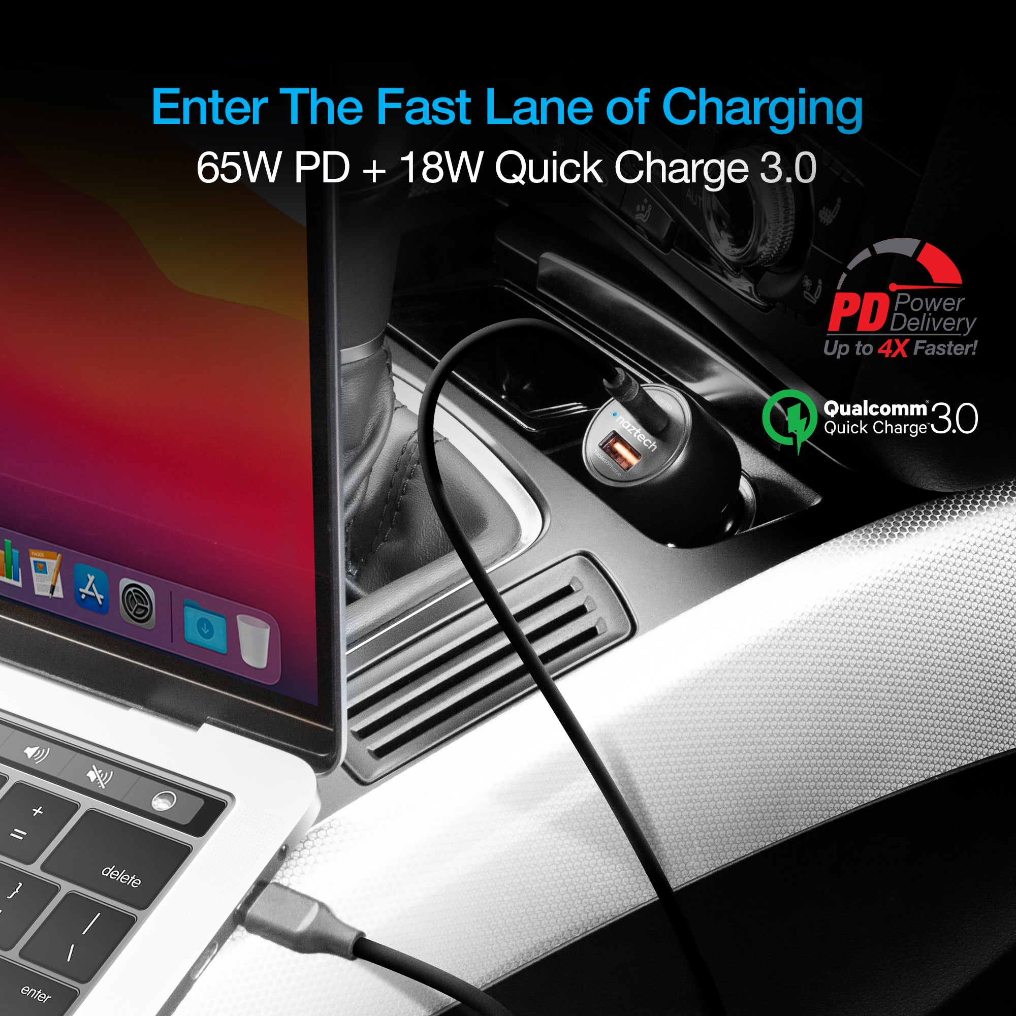SpeedMax65 65W USB-C PD + USB Laptop Car Charger with Quick Charge 3.0 | Black