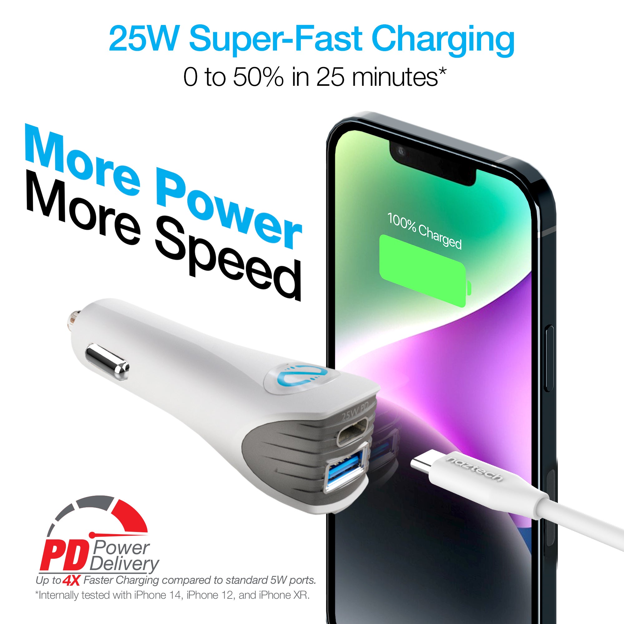 SpeedMax25 25W USB-C PD PPS + 12W USB Fast Car Charger | 4ft Lightning Cable | White