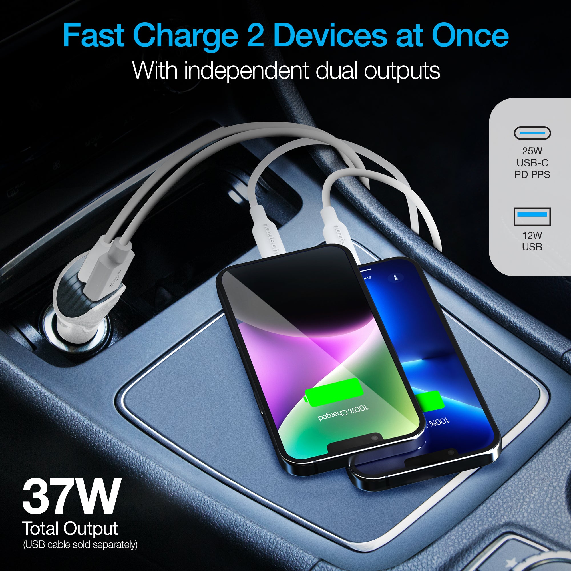 SpeedMax25 25W USB-C PD PPS + 12W USB Fast Car Charger | 4ft Lightning Cable | White