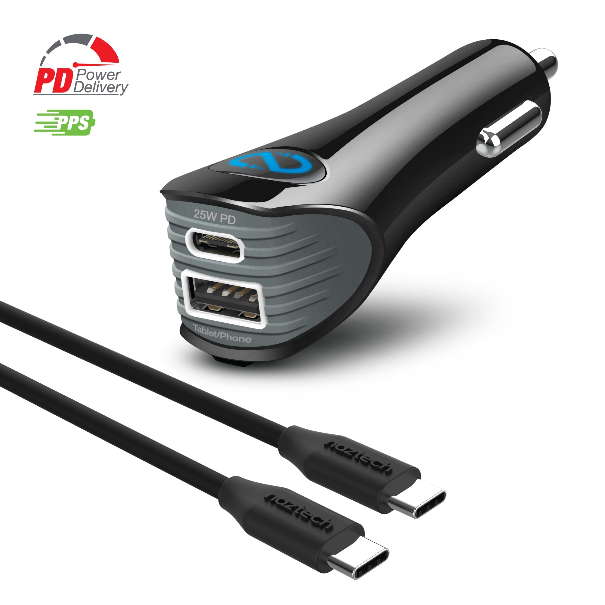 SpeedMax25 25W USB-C PD PPS + 12W USB Fast Car Charger | 4ft USB-C Cable | Black