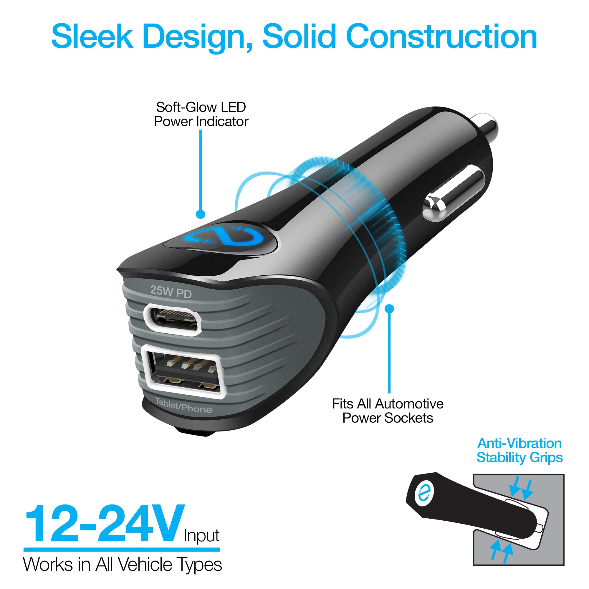 SpeedMax25 25W USB-C PD PPS + 12W USB Fast Car Charger | 4ft USB-C Cable | Black