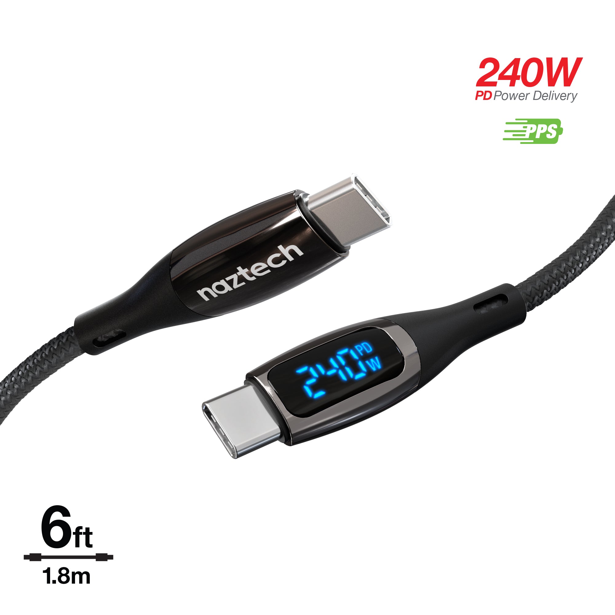 DigiWATT 240W USB-C to USB-C Digital Fast Charge Cable with LED Power Display | 6ft | Black