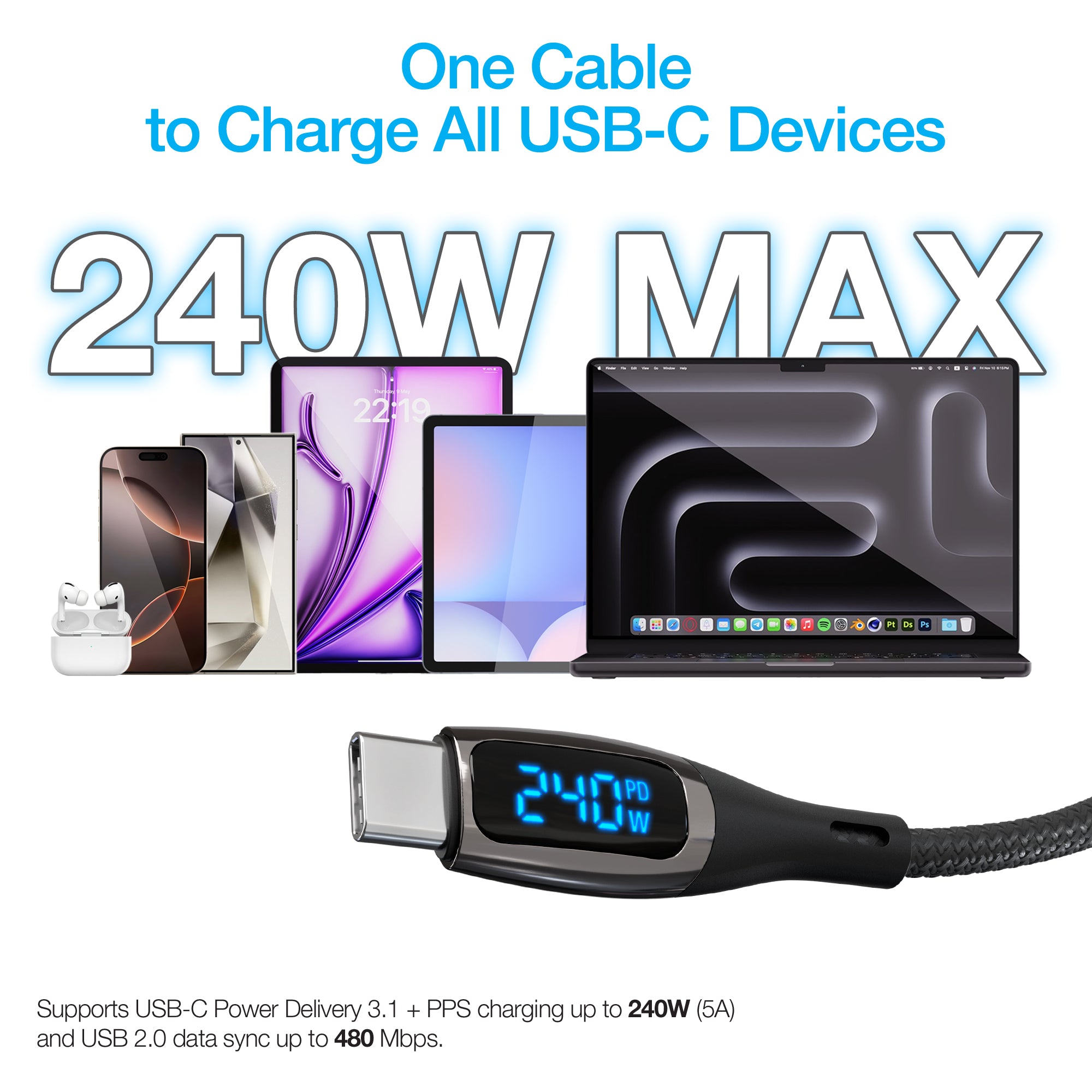 Usbc Power Image DigiWATT 240W USB-C to USB-C Digital Fast Charge Cable with LED Power ...