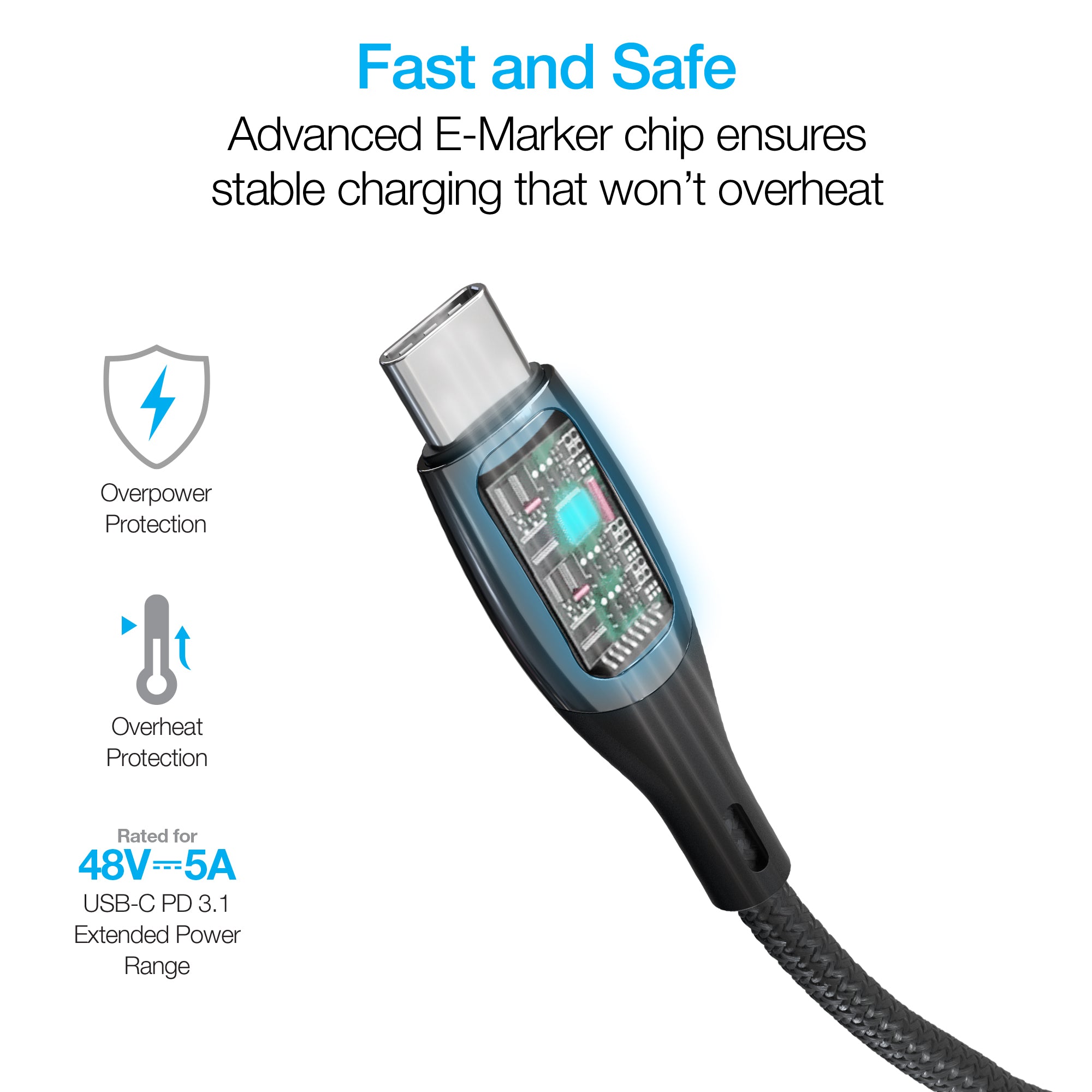 DigiWATT 240W USB-C to USB-C Digital Fast Charge Cable with LED Power Display | 6ft | Black