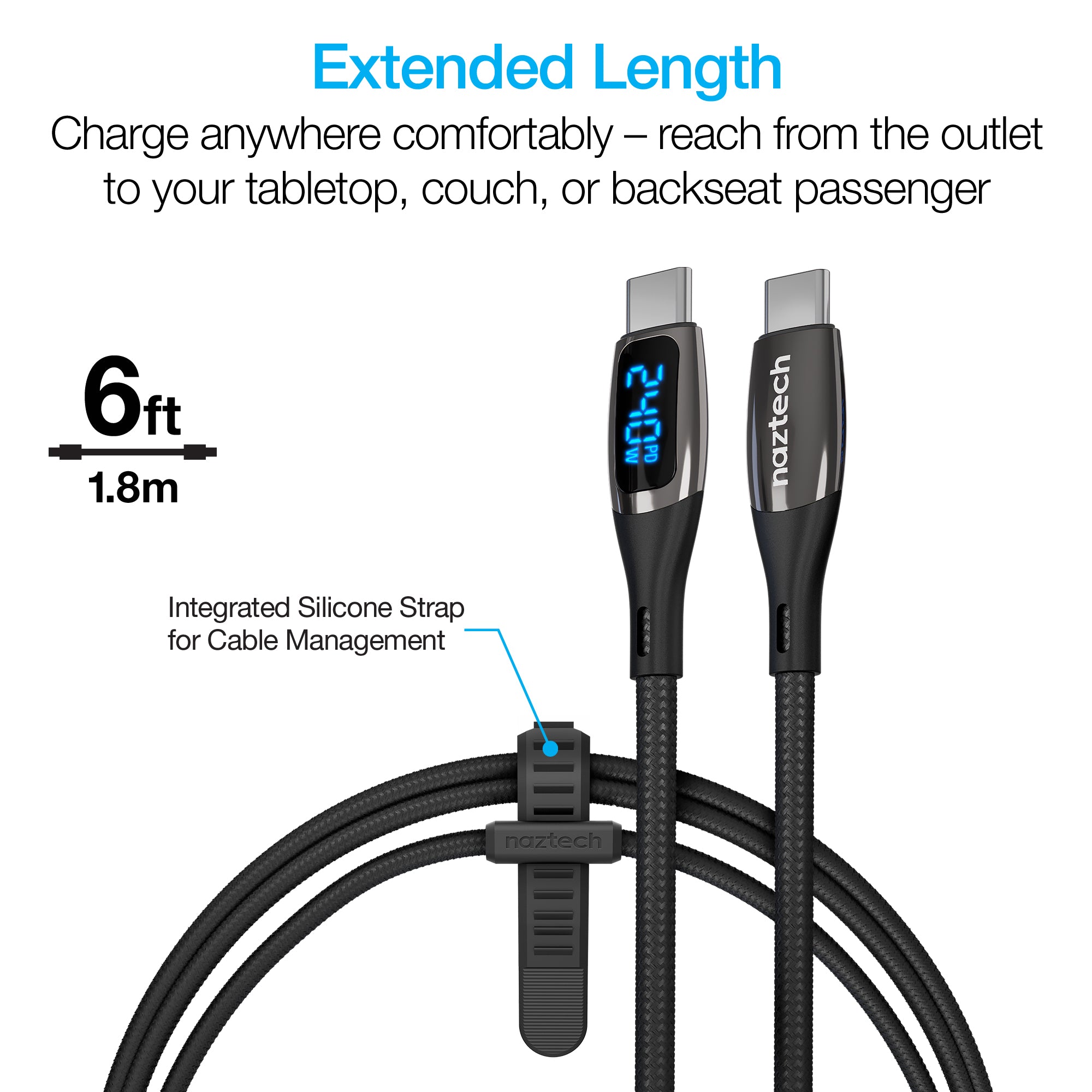 DigiWATT 240W USB-C to USB-C Digital Fast Charge Cable with LED Power Display | 6ft | Black