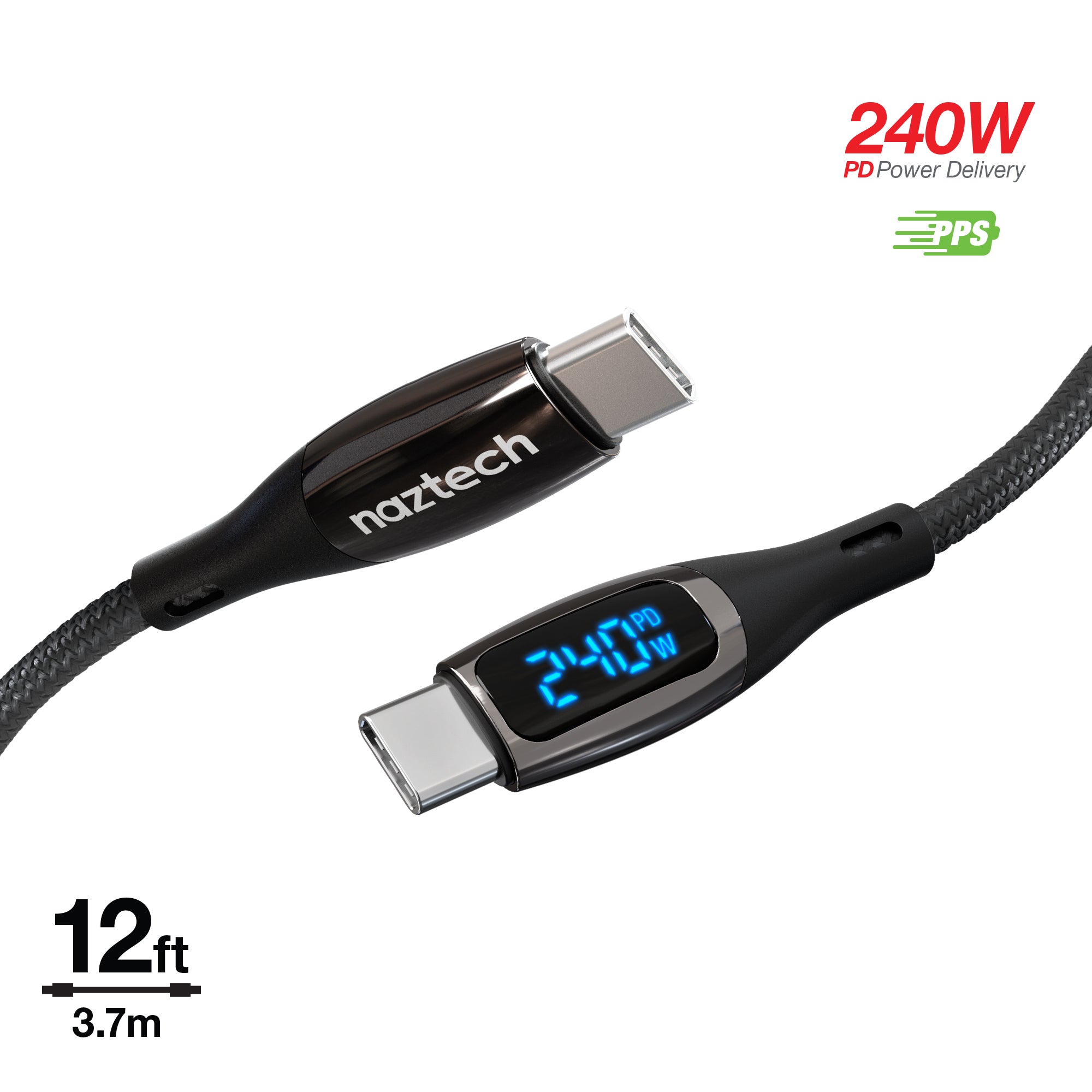 DigiWATT 240W USB-C to USB-C Digital Fast Charge Cable with LED Power Display | 12ft | Black