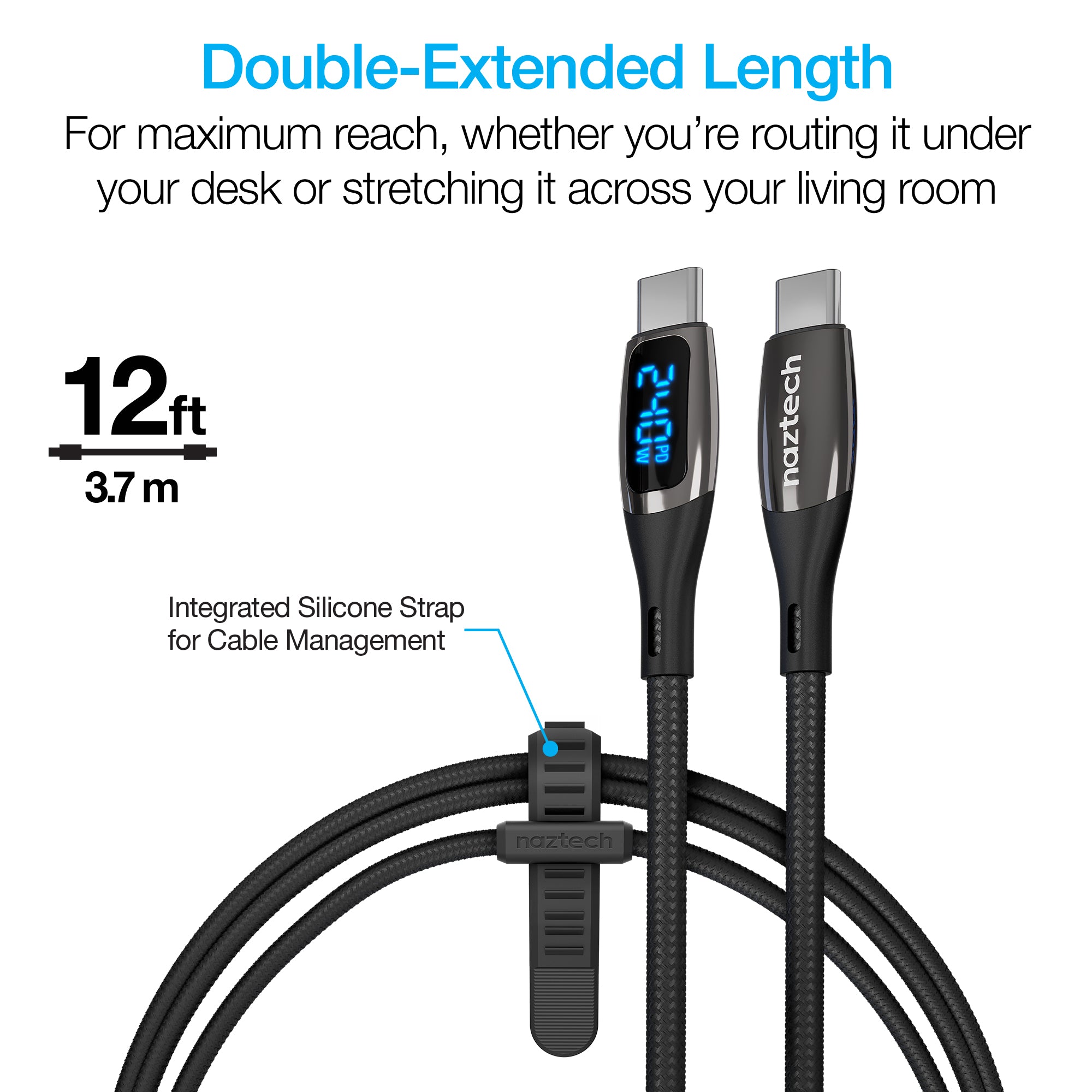 DigiWATT 240W USB-C to USB-C Digital Fast Charge Cable with LED Power Display | 12ft | Black