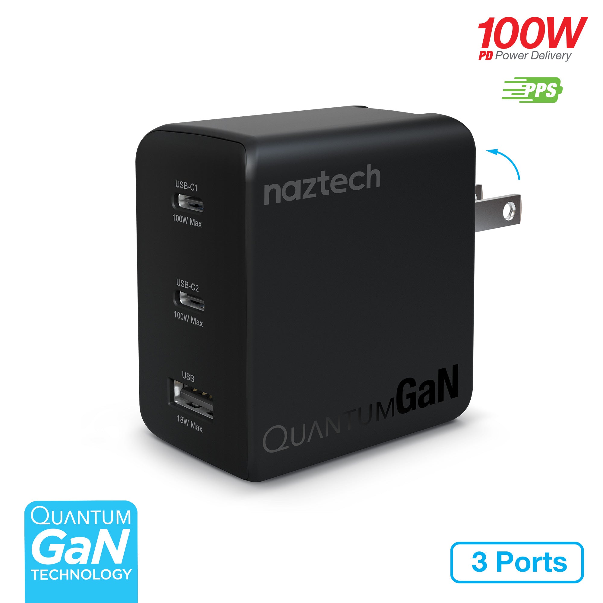 Nexus T100 100W USB-C PD + USB 3-Port GaN Ultra-Fast Wall Charger with PPS | Black