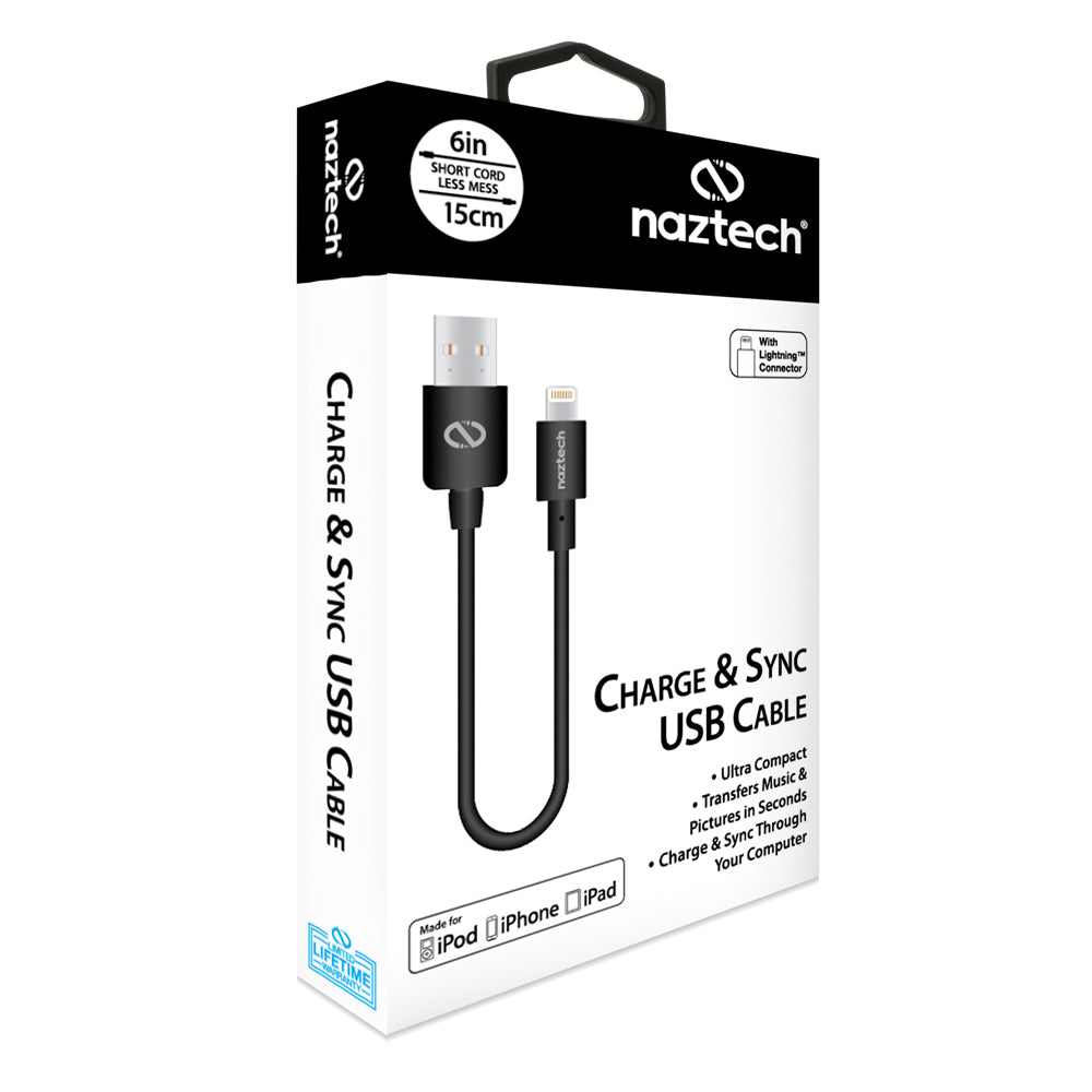 Naztech MFi Lightning Charge Sync USB Cable 6in/15cm Black