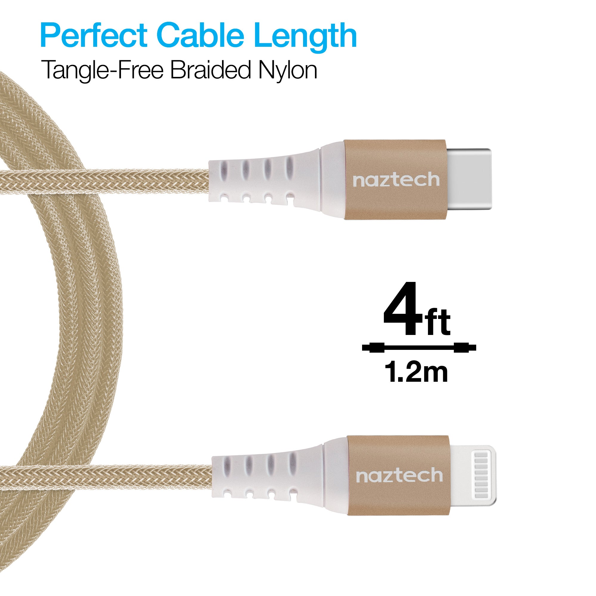 Naztech 14115 4 ft. Braided Fast Charge MFi Lightning to USB-C Cable, Gold