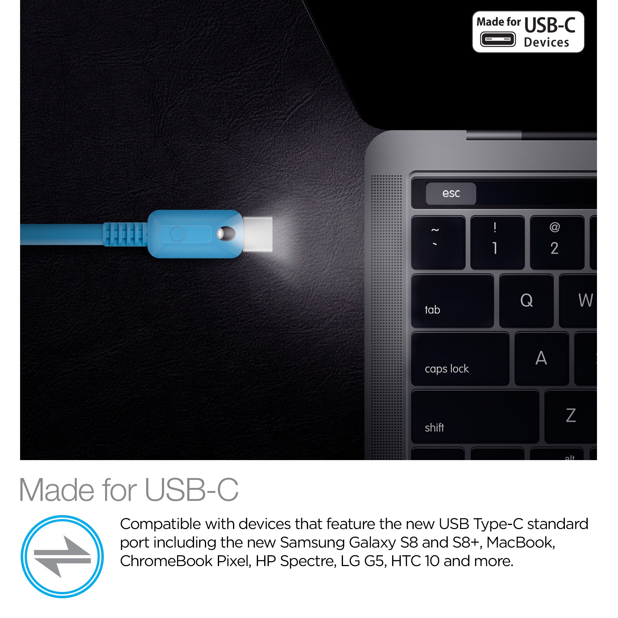 Lighted USB to USB-C Flat Cable | 6ft | Blue