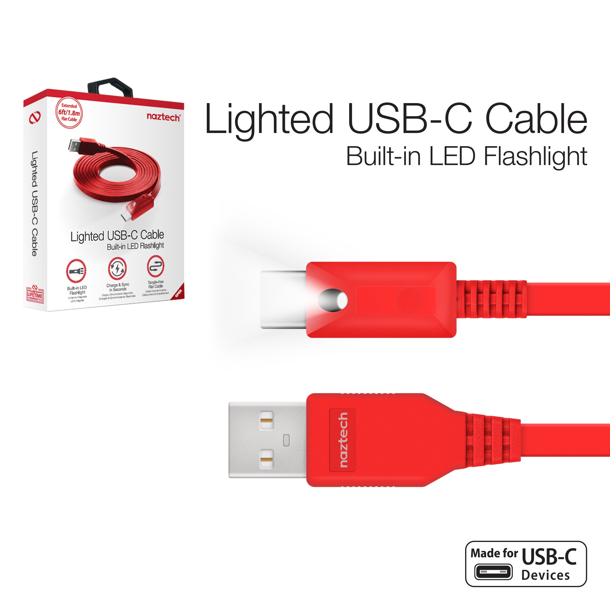 Naztech Lighted USB-C Charge & Sync Cable with Push Button Control - Red –