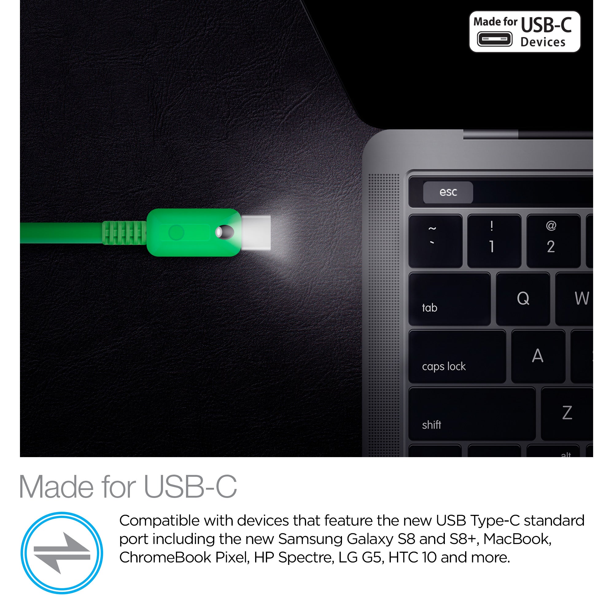 Lighted USB to USB-C Flat Cable | 6ft | Green