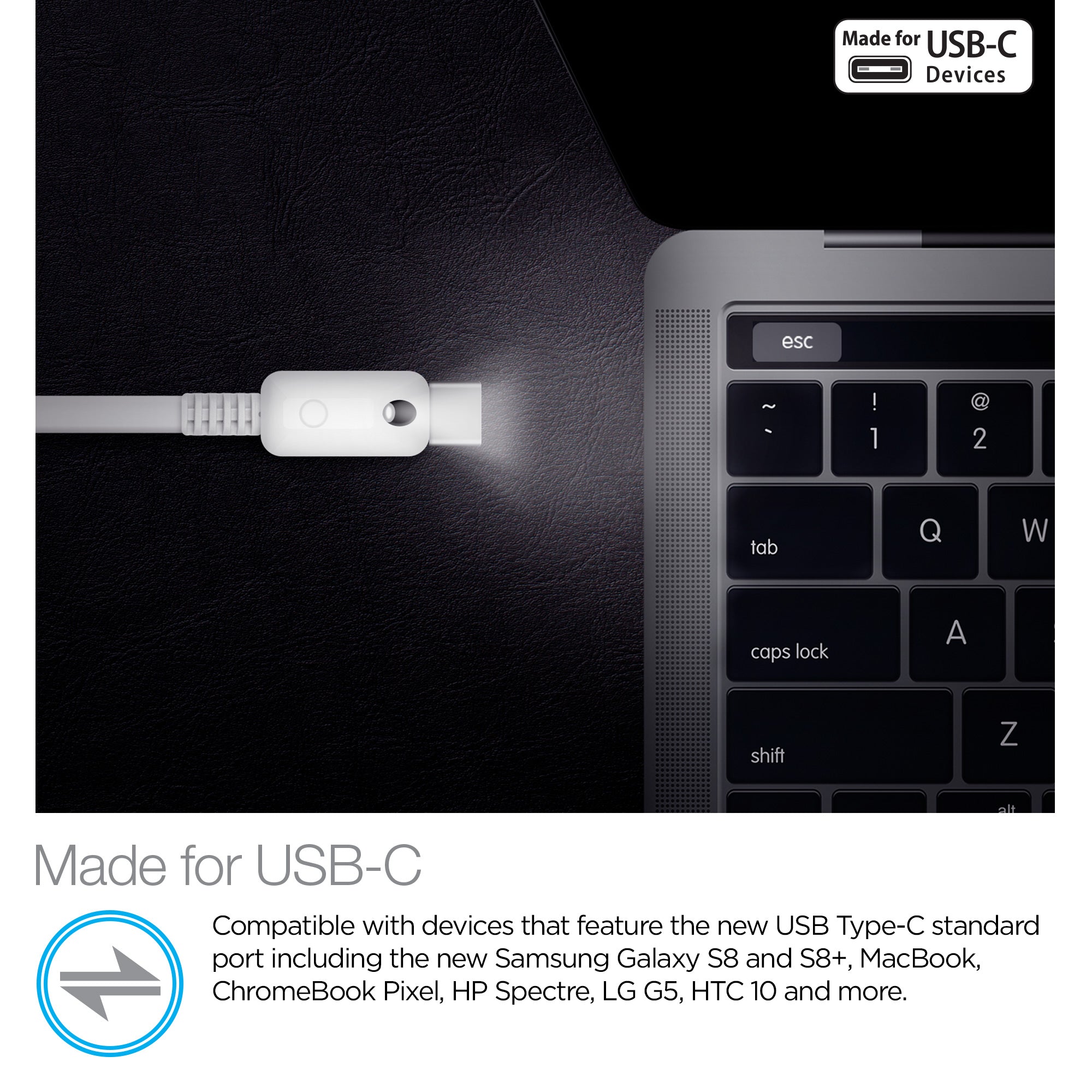 Lighted USB to USB-C Flat Cable | 6ft | White