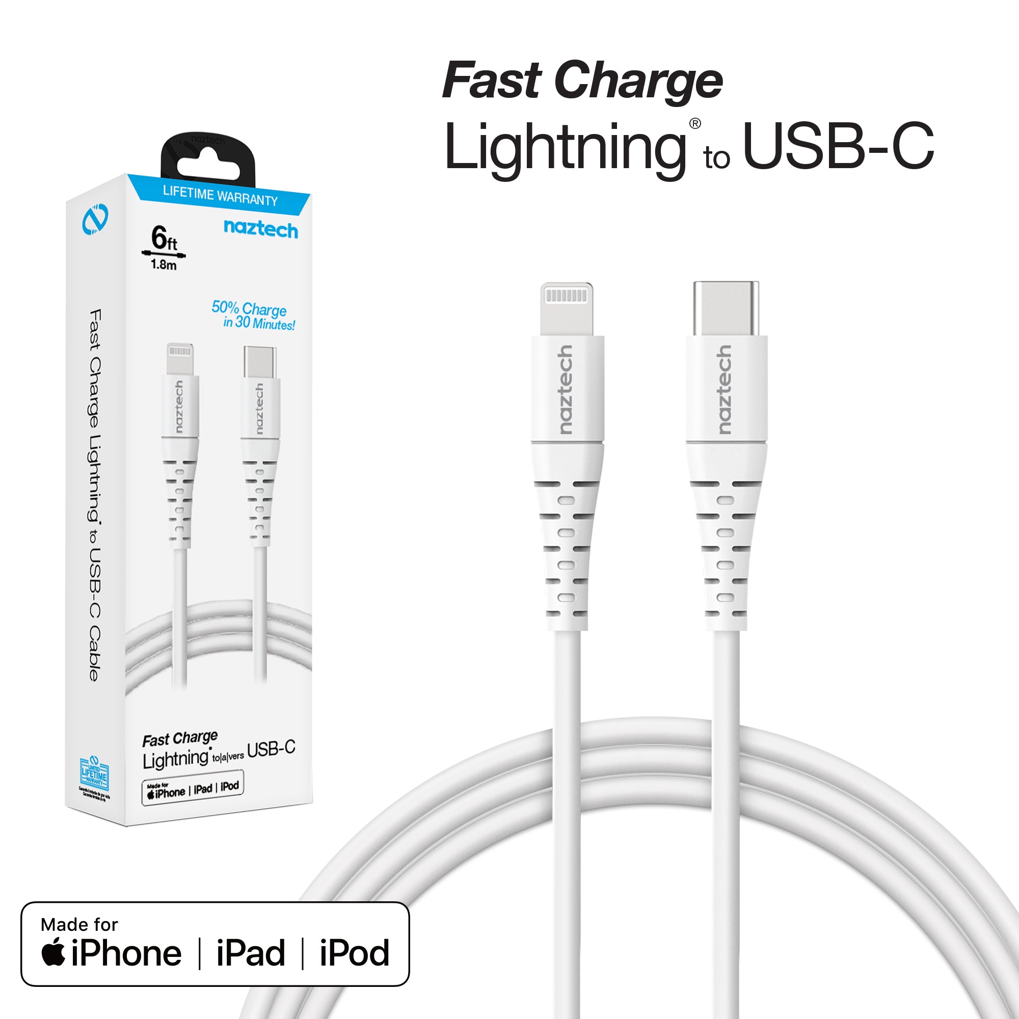 USB-C to MFi Lightning Rounded Fast Charge Cable | 12ft | White