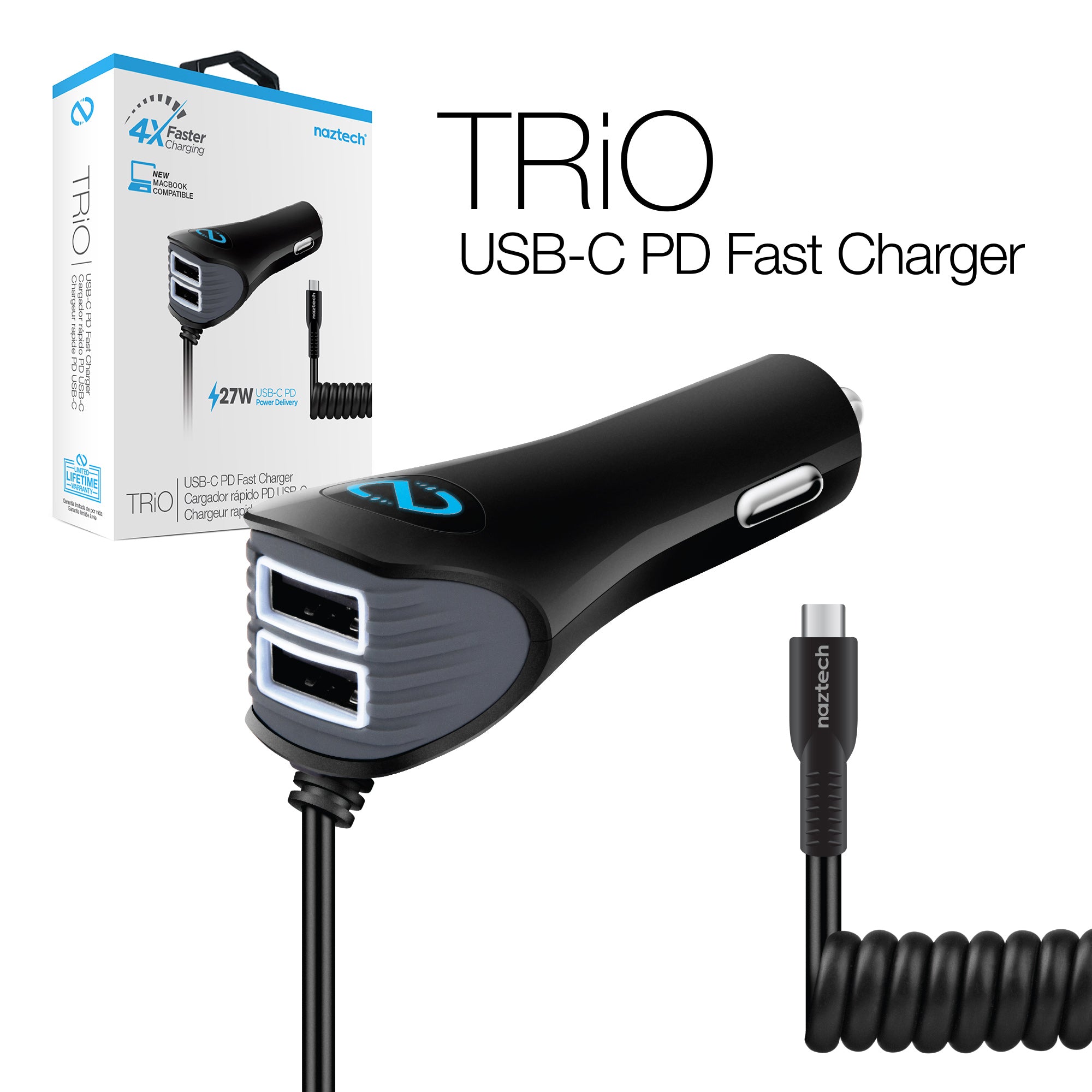 USB-C Car Charger with Power Delivery + Dual USB