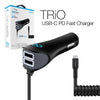 TRiO 39W Corded USB-C PD + Dual USB Fast Car Charger | Black