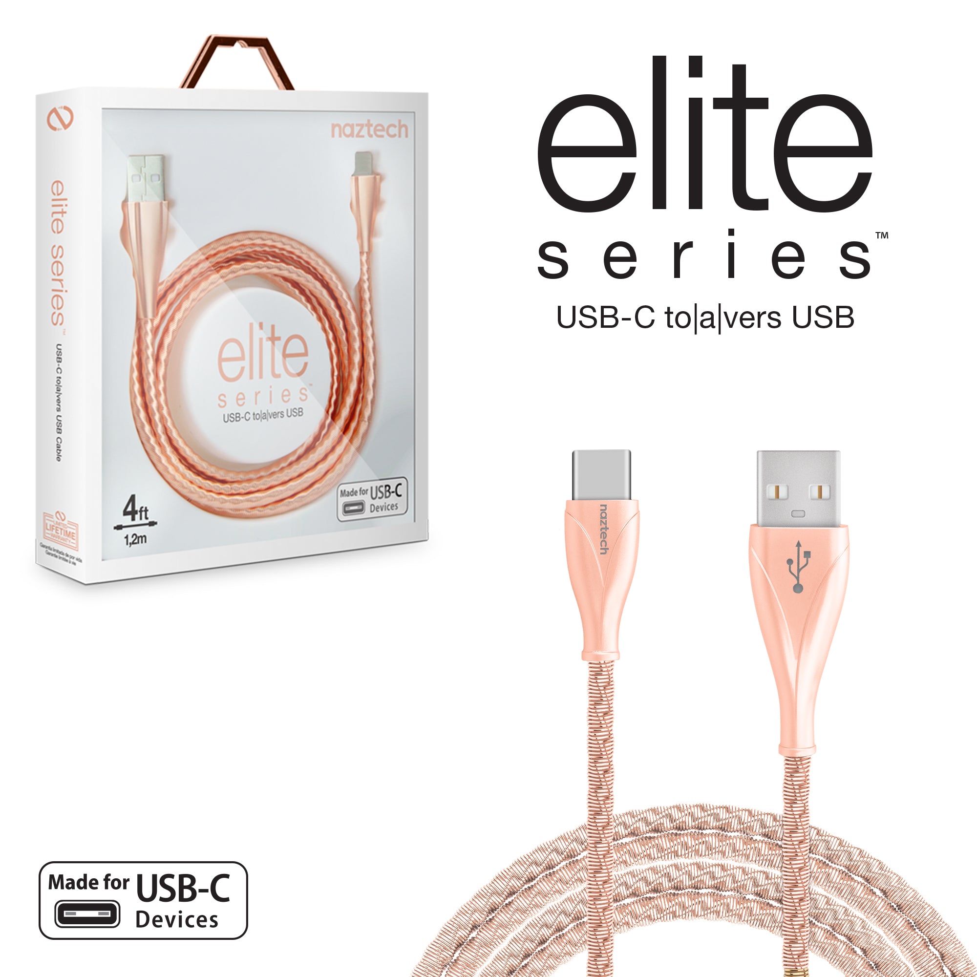 Elite Series USB to USB-C Metallic Cable | 4ft | Rose Gold