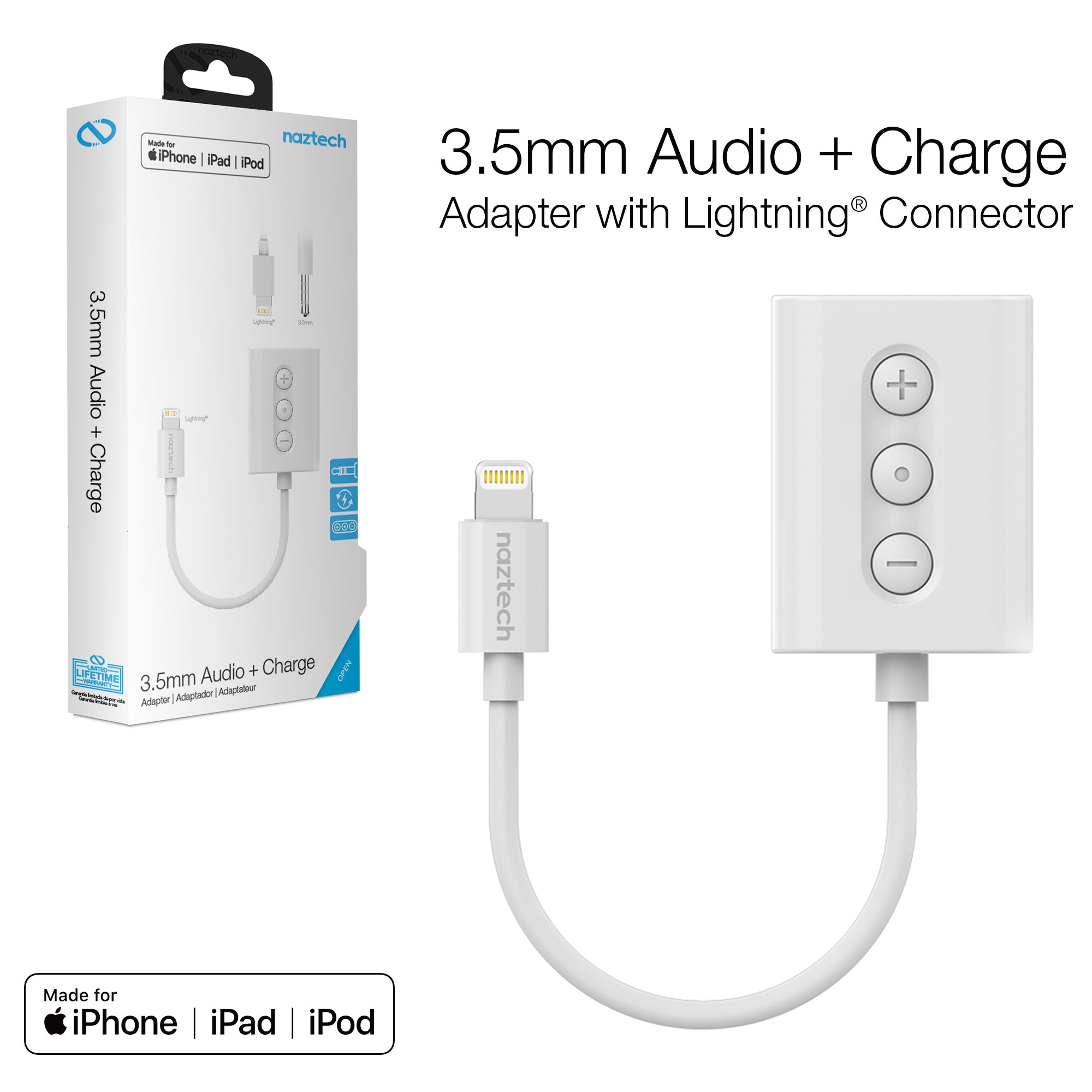 Audio + Charge Adapter for iPhone | 3.5mm Aux and MFi Lightning | White