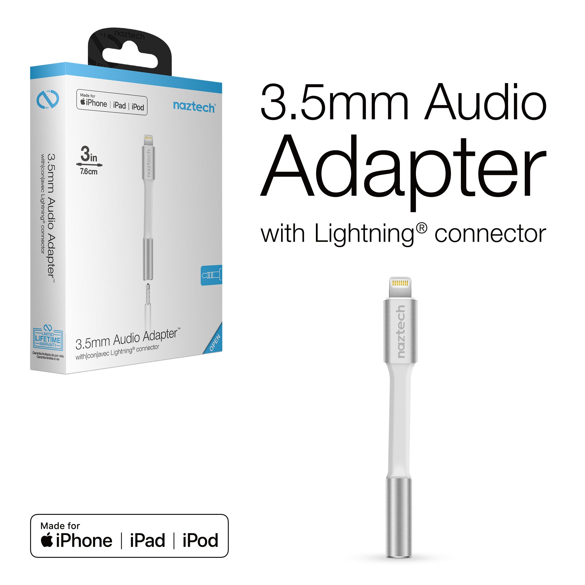 Naztech 3.5mm MFi-Certified Audio Adapter with Lightning Connector