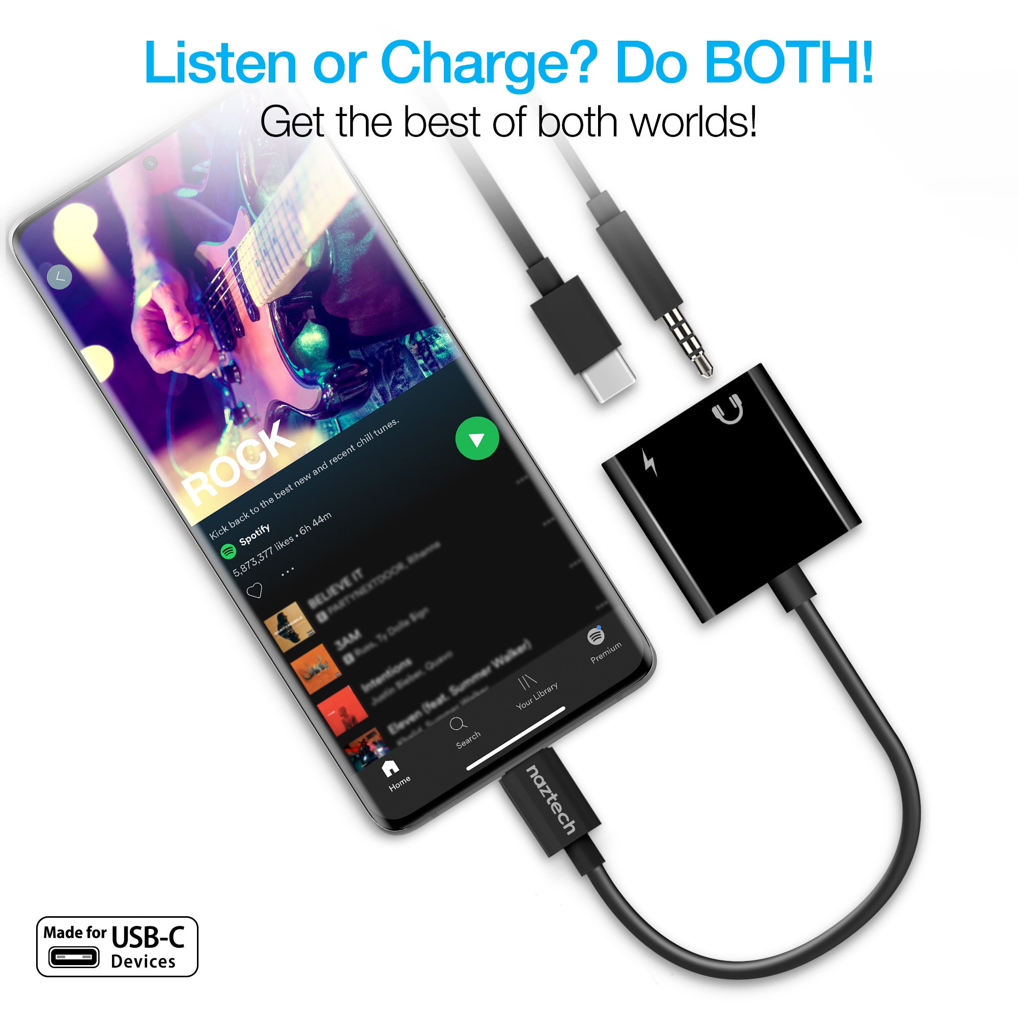 Audio + Charge Adapter for USB-C Devices | 3.5mm Aux and USB-C | Black