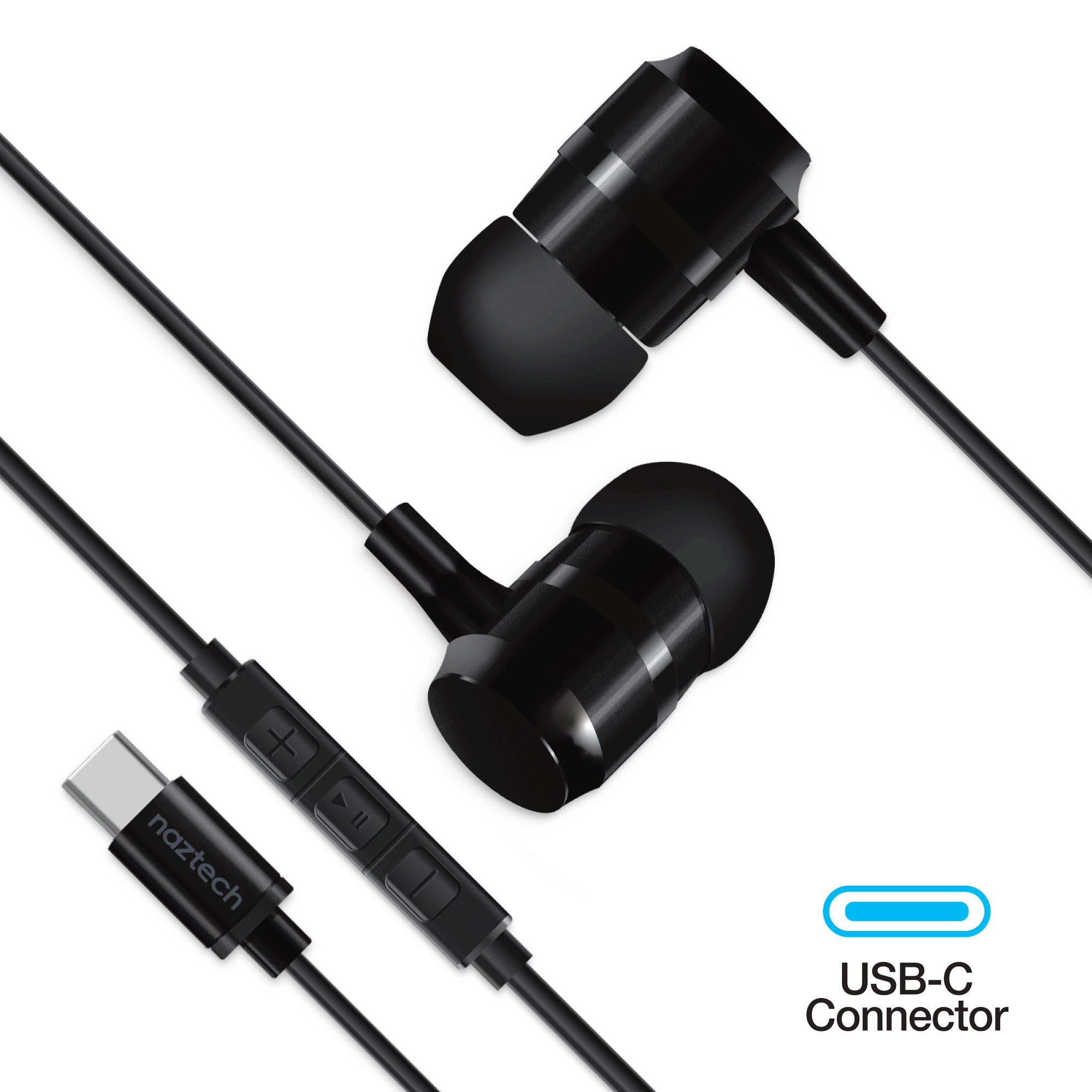 USB-C Wired Earbuds High Fidelity Digital BLACK Naztech
