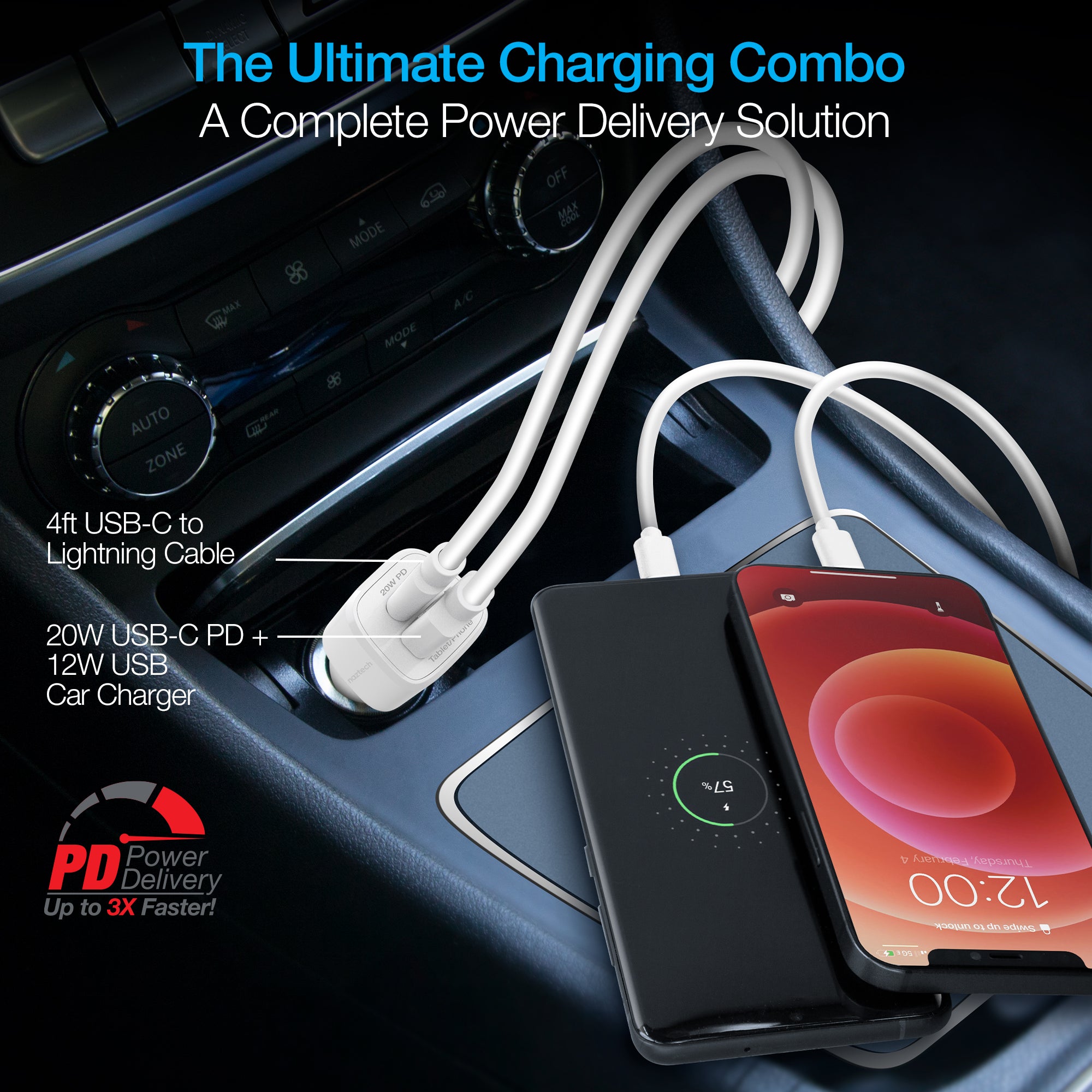 20W USB-C PD + 12W USB Fast Car Charger with USB-C to Lightning Cable