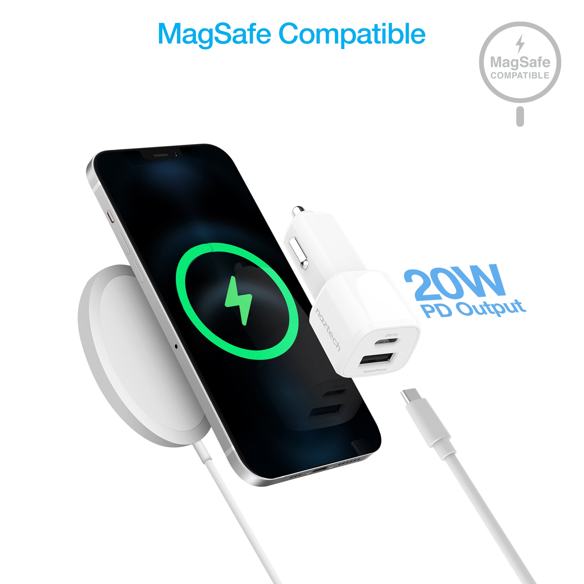 Dual Car Charger USB-C PD 20W + USB w/MFi Cable WHT –