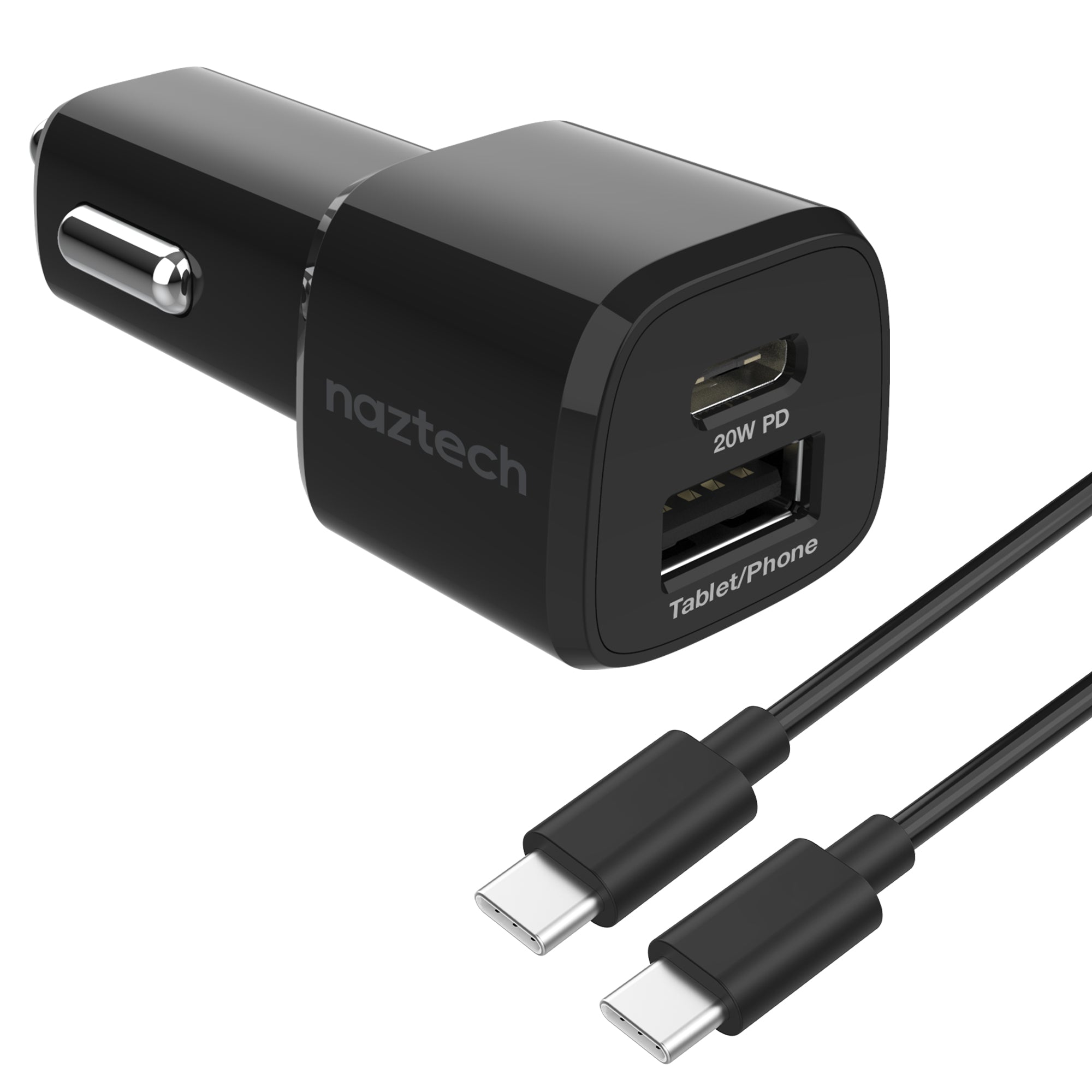 Naztech 20W USB-C PD + 12W USB Fast Car Charger | 4' USB-C Cable | Black