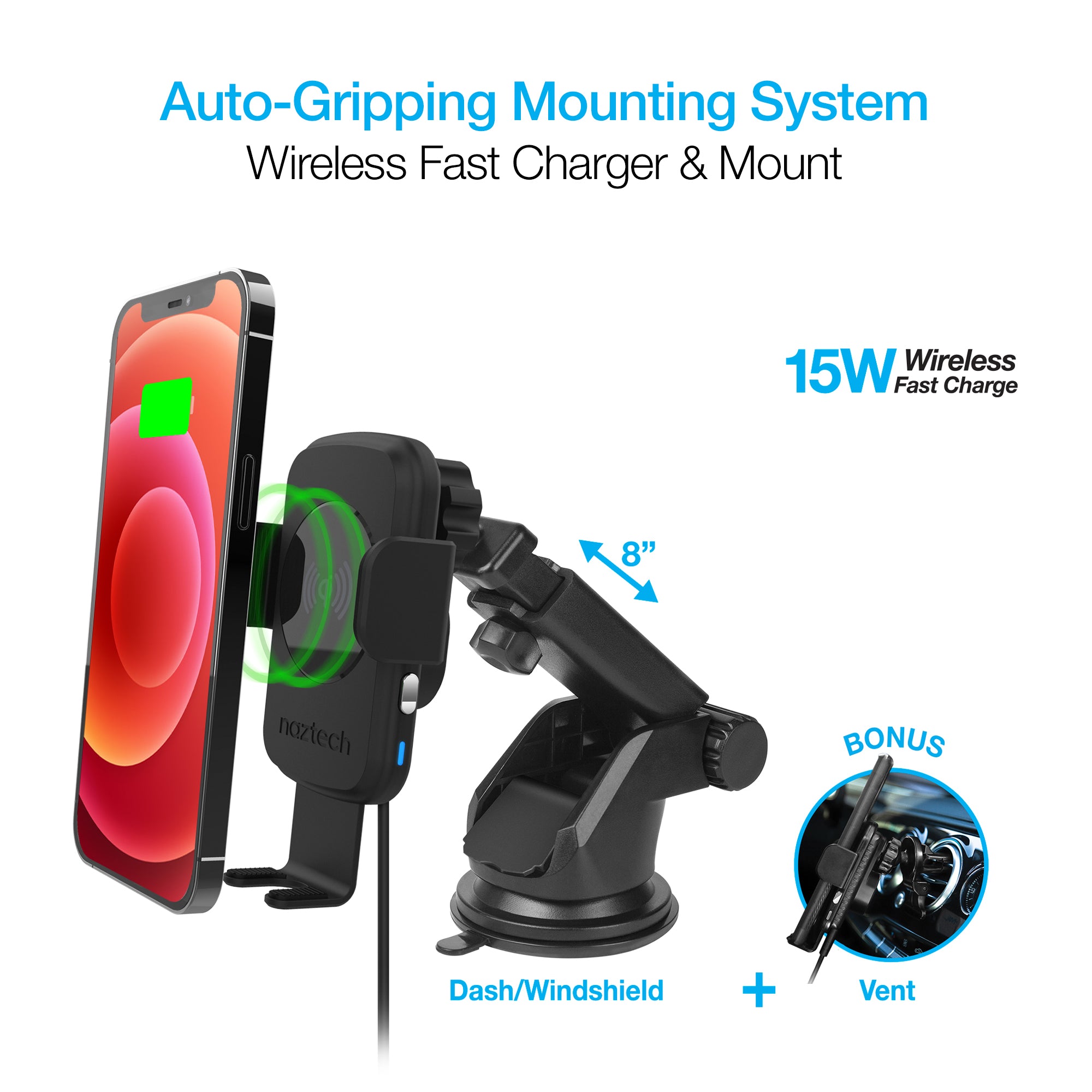 Wireless Car Charger + Auto Grip Phone Mount 15W