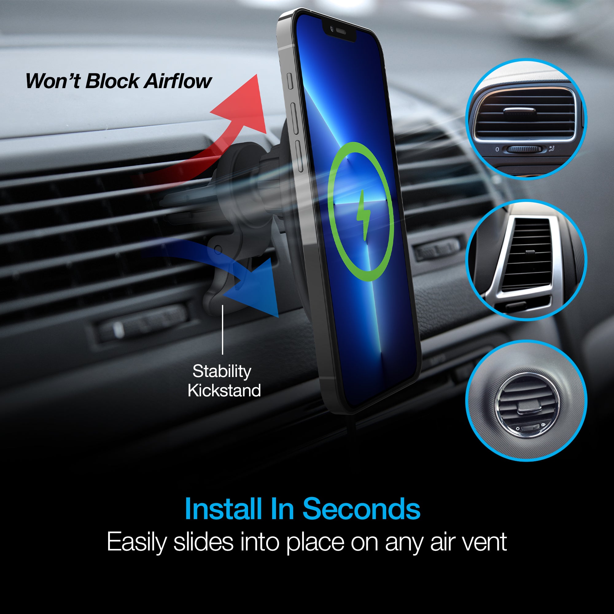 MagLock Fast Charging Vent Mount for iPhone 15 | MagSafe Compatible | Black