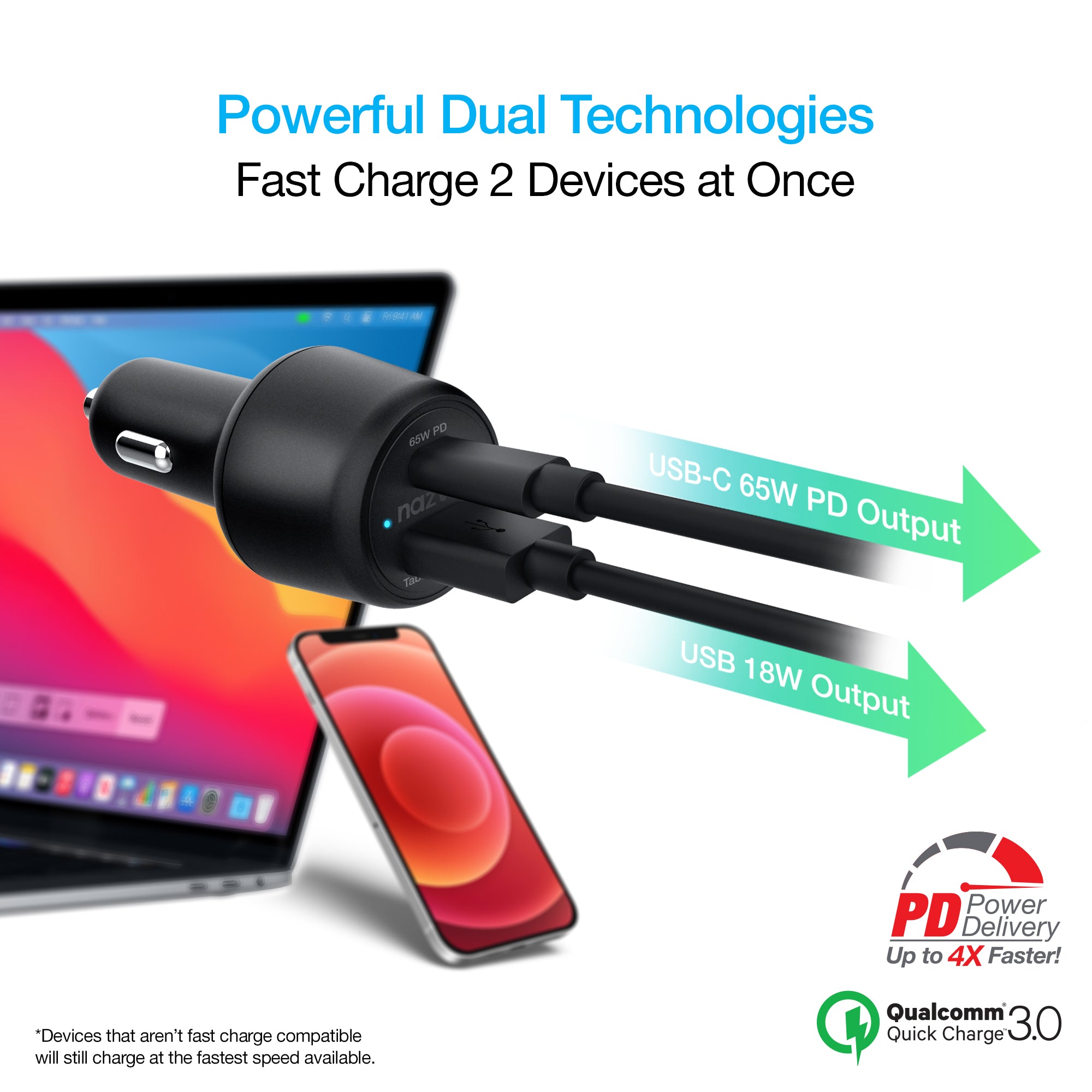 USB-C PD Car Phone Charger + USB 3.0 Car Charger