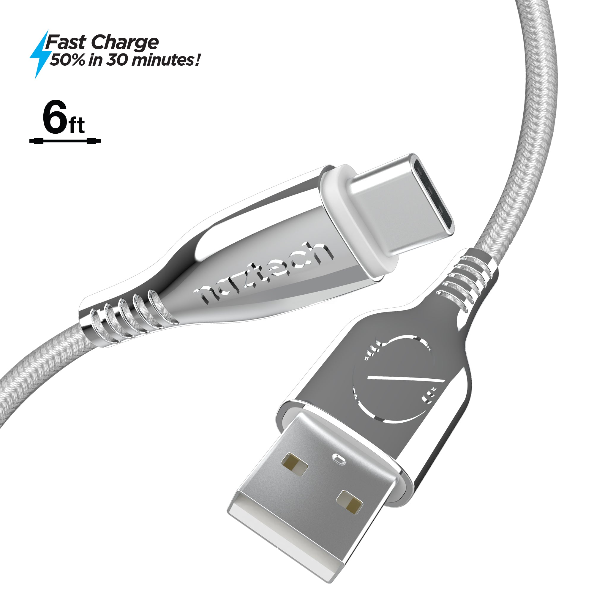 USB to USB-C Cable 6ft Braided WHITE | Naztech – Naztech.com