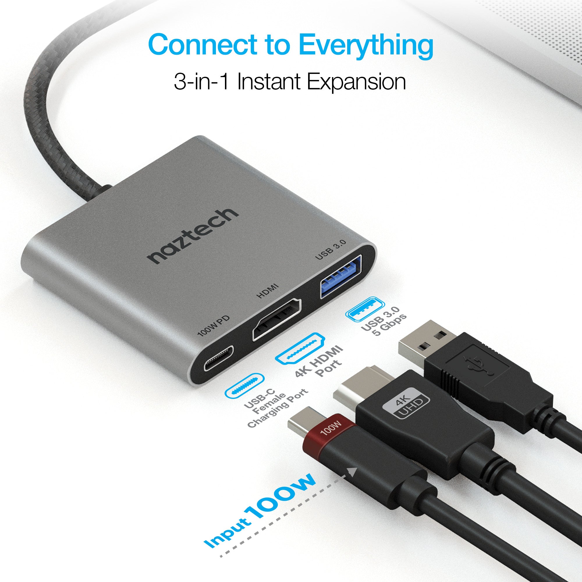 vin lure atom USB-C Hub Adapter 3-in-1: 4K HDMI 100W PD USB 3.0 | Naztech – Naztech.com