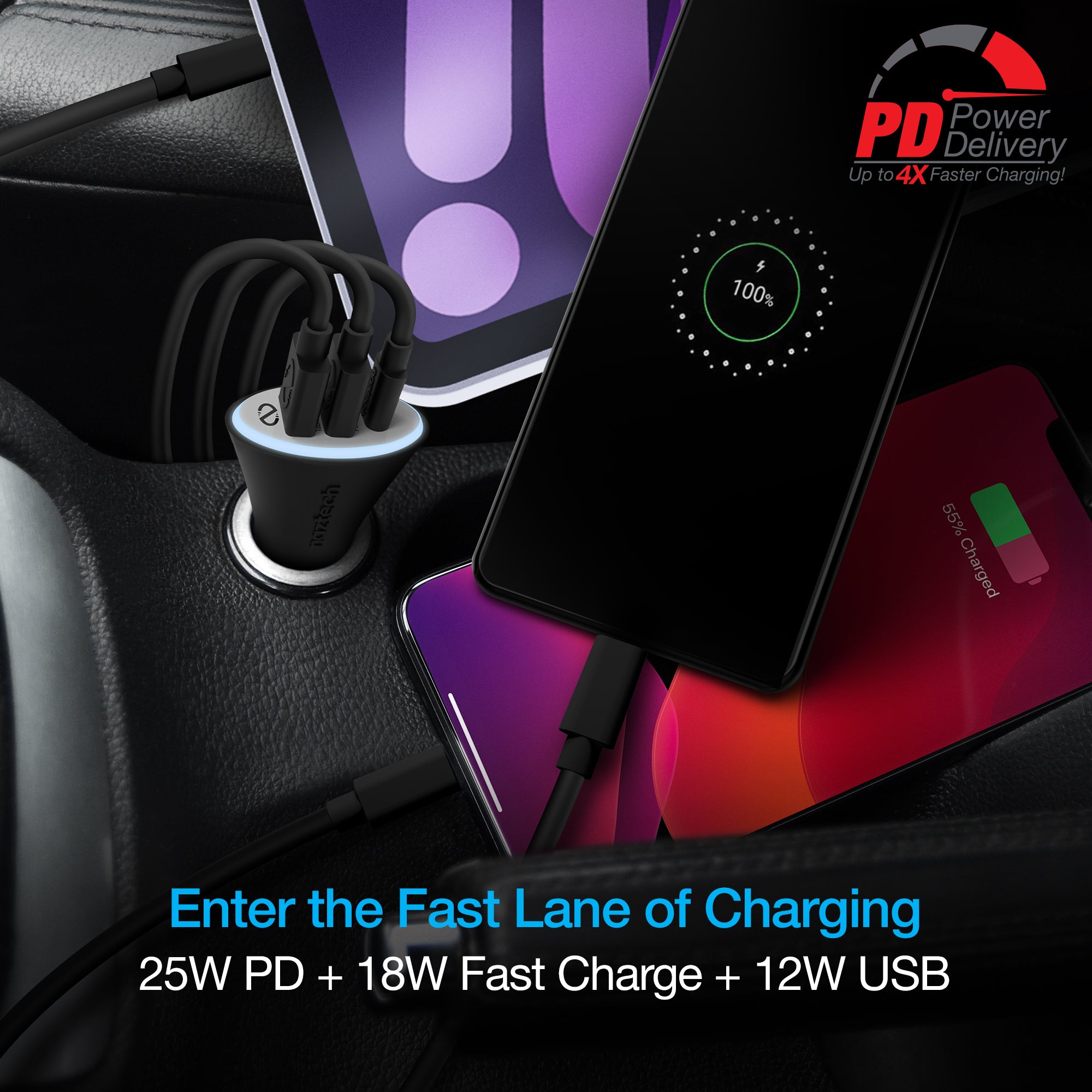 Power T3 Xtreme 55W USB-C PD + Dual USB Fast Car Charger with PPS | Black