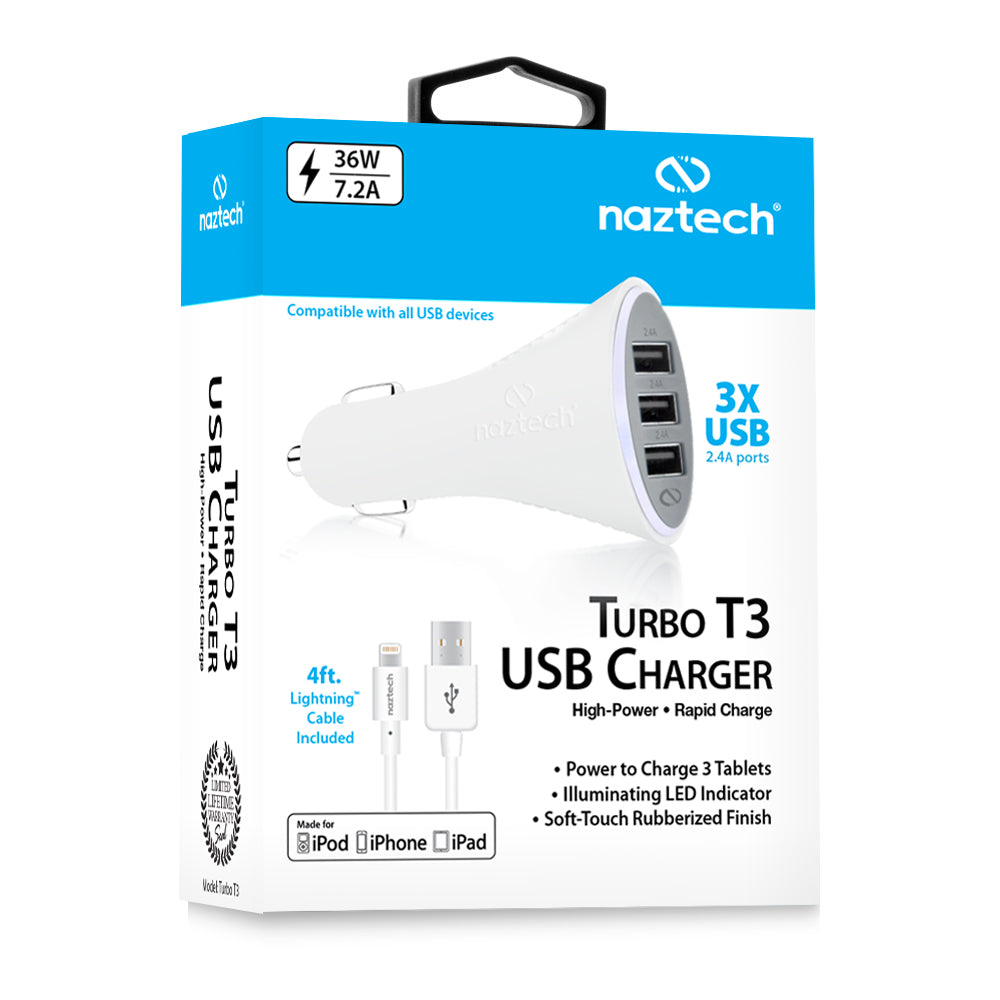Turbo T3 36W Triple USB Car Charger | Includes 4ft MFi Lightning Cable | White